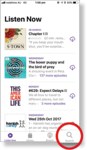 Screenshot of an iPhone with the Podcasts App open and the search button highlighted