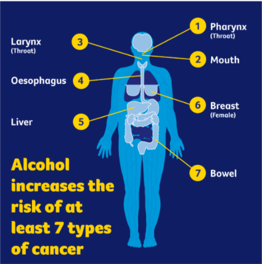 Image showing how alcohol increases the risk of at least 7 types of cancer