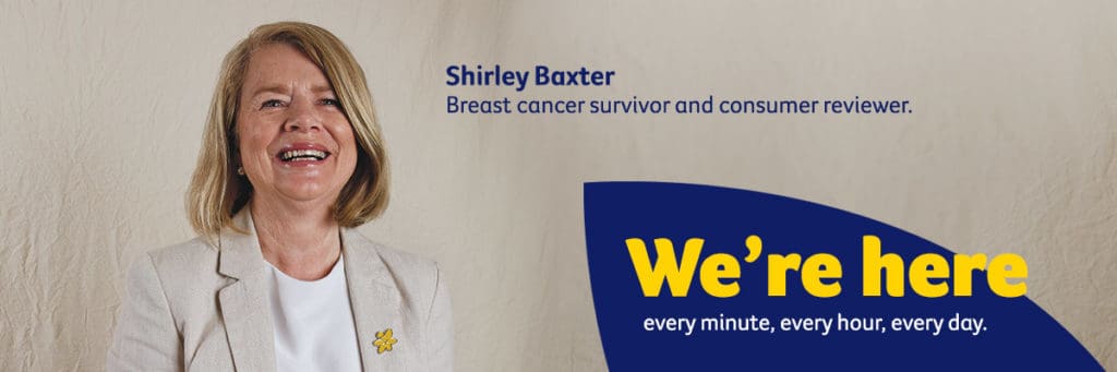 A picture of Shirley Baxter with the caption "Breast cancer survivor and consumer reviewer"