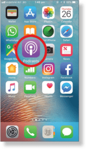 Screenshot of an iphone with the Podcasts App icon highlighted