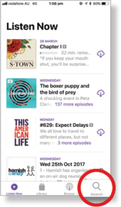 Screenshot of an iPhone with the Podcasts App open and the search button highlighted