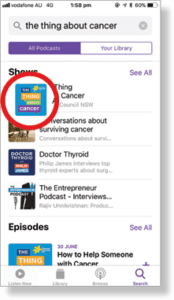 Screenshot of an iPhone with the Podcasts App open and the Episode result highlighted