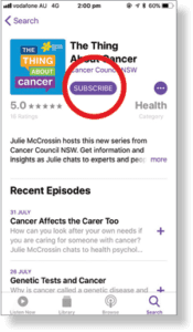 Screenshot of an iPhone with the Podcasts App open and the Subscribe button highlighted