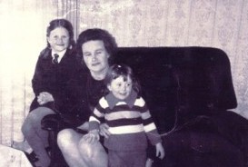Black and white photograph of Jen, her mother and sister. 