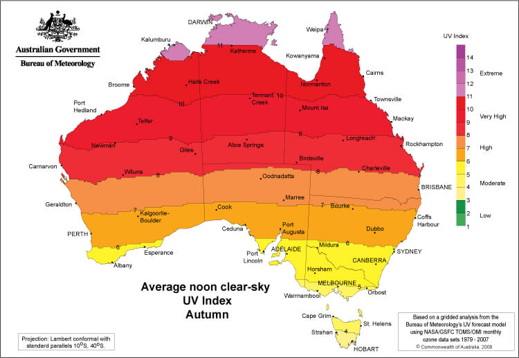 Map of Australia showing the average UV index during autumn at midday. 