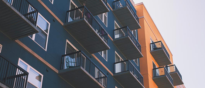 Exterior of an apartment block. 