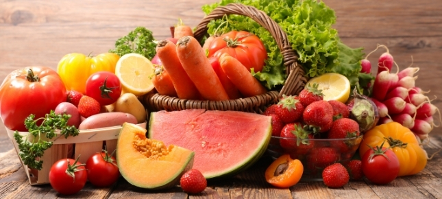 Assorted fruit and vegetables on a table. 