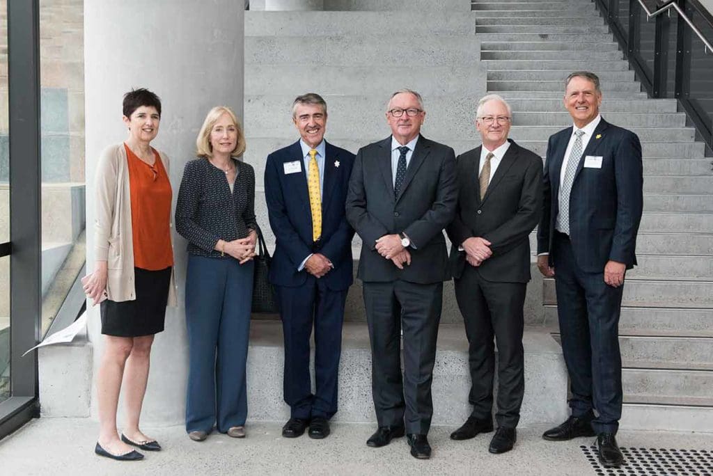 Pro Vice-Chancellor and Dean, Faculty of Medicine and Health Professor Robyn Ward; Chancellor Belinda Hutchinson; Cancer Council NSW Chair Mark Philips; Minister Brad Hazzard; Vice-Chancellor and Principal Professor Stephen Garton; Cancer Council NSW CEO Jeff Mitchell; at the University of Sydney.