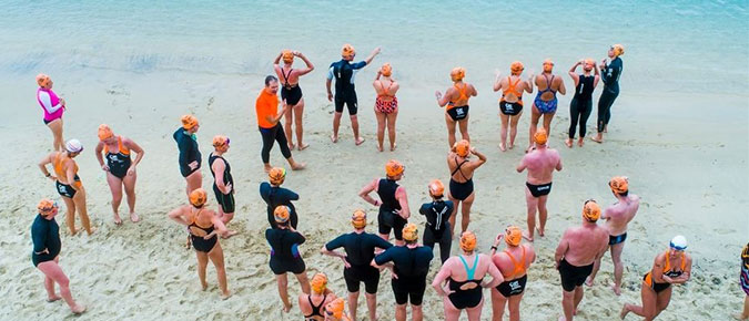 Group of swimmers standing at a beach. 