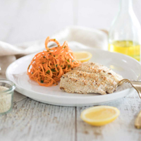Sesame crusted snapper served with carrot salad