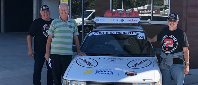 Three men standing with a car. 