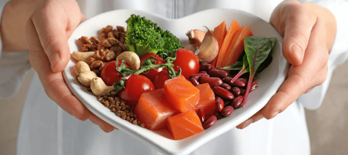 Healthy food in a heart plate