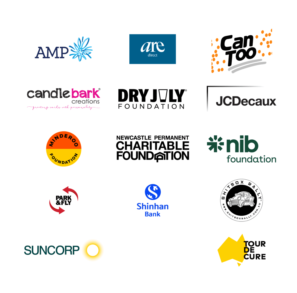 We thank our corporate sponsors, trusts & foundations for their support. AMP, ARE Direct, Can Too, Candle Bark Creations, Dry July Foundation, JCDecaux, Minderoo Foundation, Newcastle Permanent Charitable Foundation, NIB Foundation, Park & Fly, Shinhan Bank, Shitbox Rally, Suncorp and Tour De Cure.