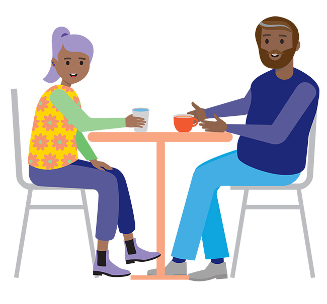 Cartoon-style image of a bearded man talking to his teen daughter about his new cancer diagnosis.