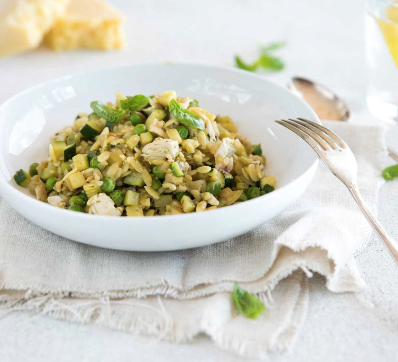 Pea, Zucchini and Pesto Risoni with Chicken 