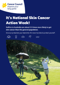 A blue poster featuring a golfer driving with the title 'It's national skin cancer awareness week'