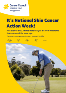 A yellow poster featuring a golfer putting with the title 'It's national skin cancer awareness week'