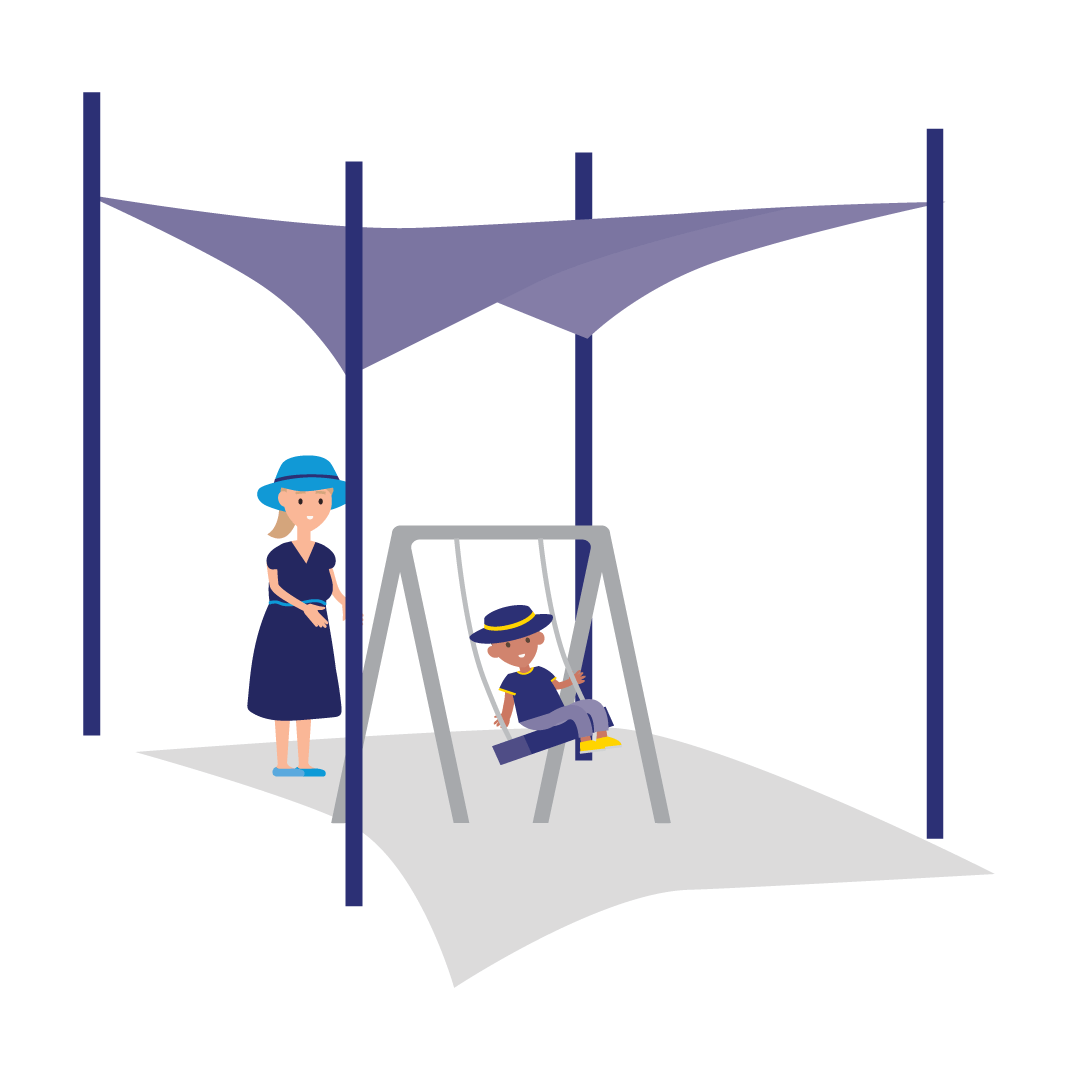 Parents push a child on the swings in a shady playground
