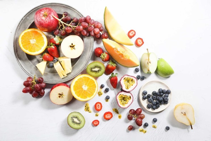 A top view of a delicious fresh fruit platter.