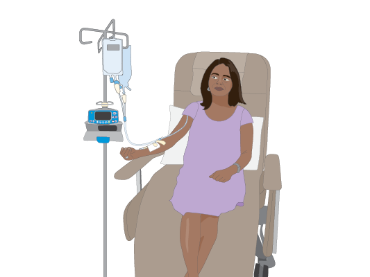 Woman in chair getting IV chemotherapy.