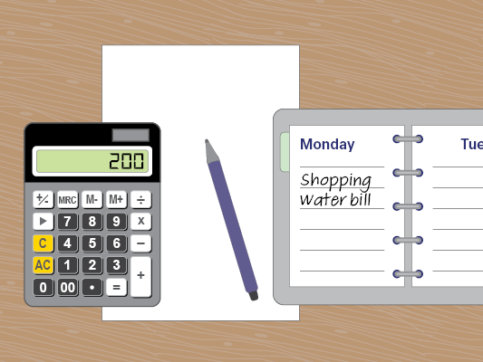 Image of a calculator, a piece of paper, and a diary.