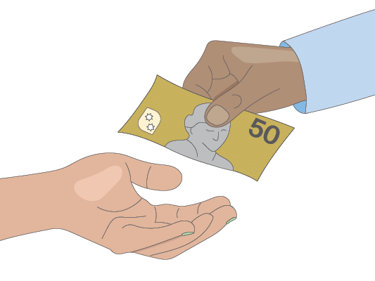 Image of one person giving cash to another.