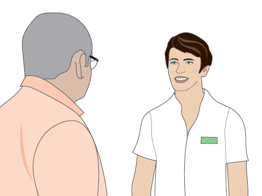Man talking to pharmacist.