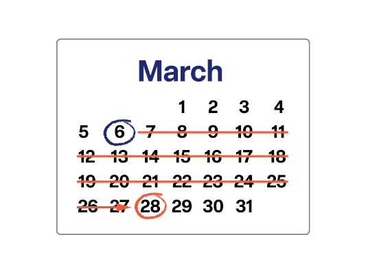 Image of calendar with dates crossed out.