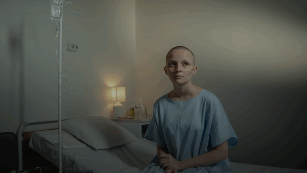 A woman with lung cancer sitting on a bed in a hospital with a sad look on her face. She has a shaved head and is wearing a hospital gown.