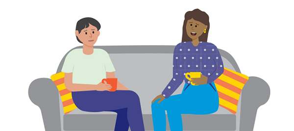 Cartoon illustration of two ladies chatting and drinking coffee on couch
