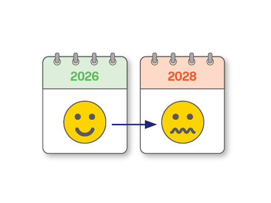 Illustration showing two calendars side-by-side with the years 2026 and 2028