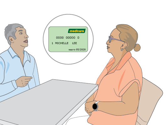 Illustration showing a man and a woman discussing MediCare - card also shown