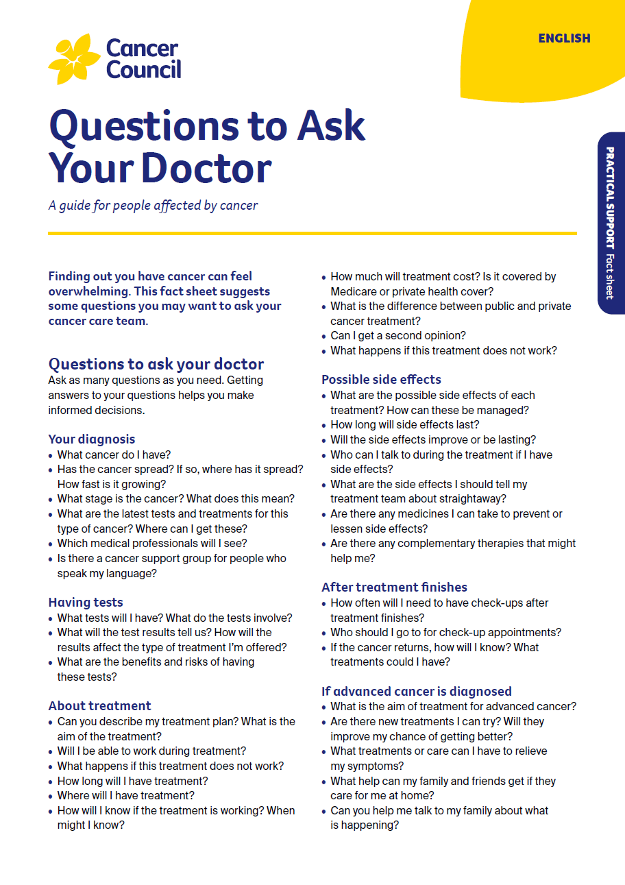Cover for Spanish-English fact sheet Questions to Ask Your Doctor