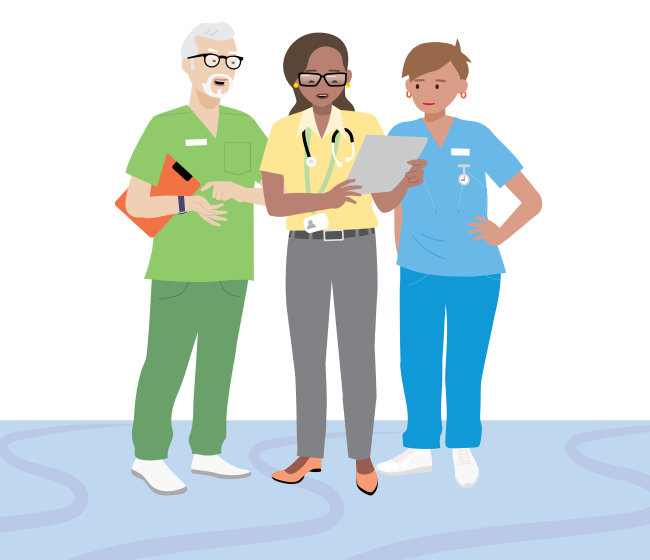 Illustration shows three medical professions standing together and reading a piece of paper