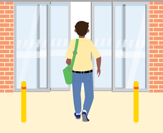 Illustration shows person, seen from behind, walking towards the sliding doors into a building.