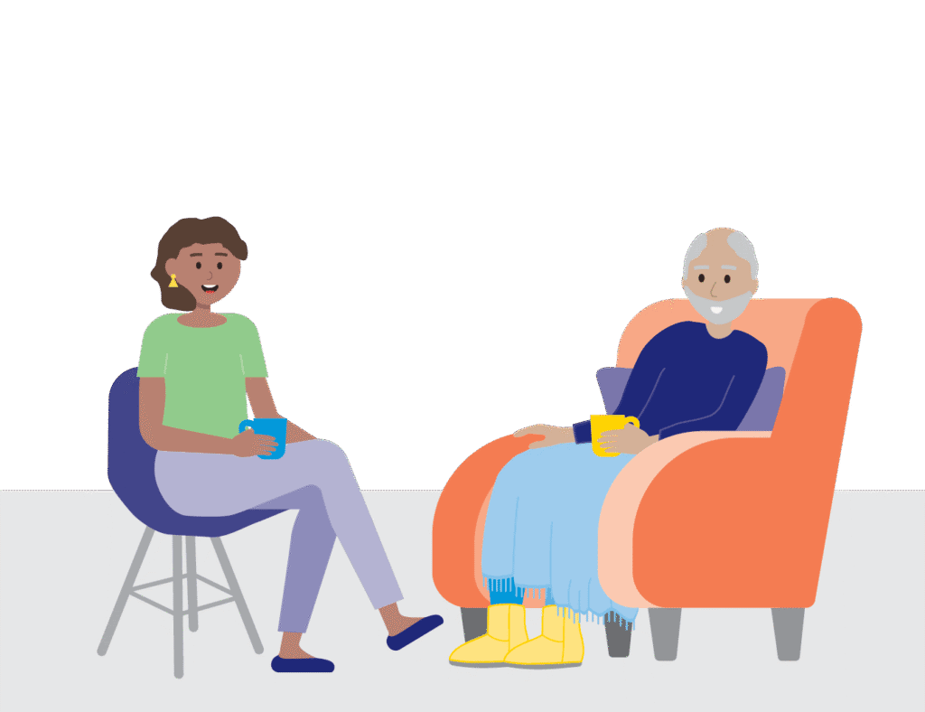 Illustration shows two people sitting in chairs. One has a grey beard and a rug over their lap. Both are holding mugs.