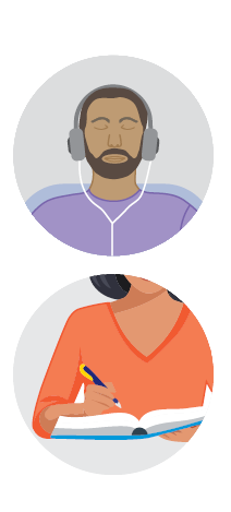 Illustrations of man listening to headphones and person writing in book
