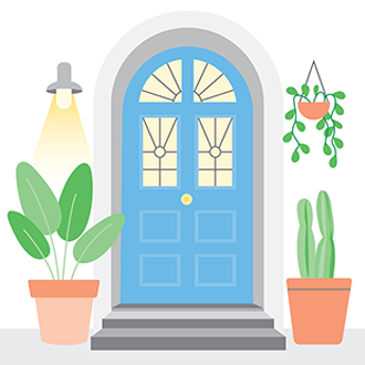 Illustration of a front door, including plants and a light