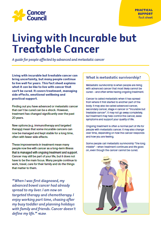 Cover for the factsheet Living with Incurable but Treatable Cancer