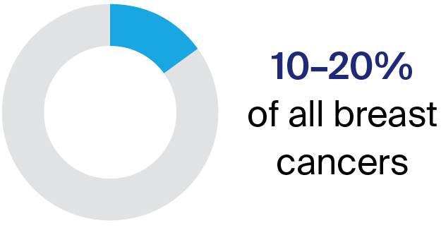 Pie chart showing triple negative breast cancer statistics: 10 - 20 per cent of all breast cancers